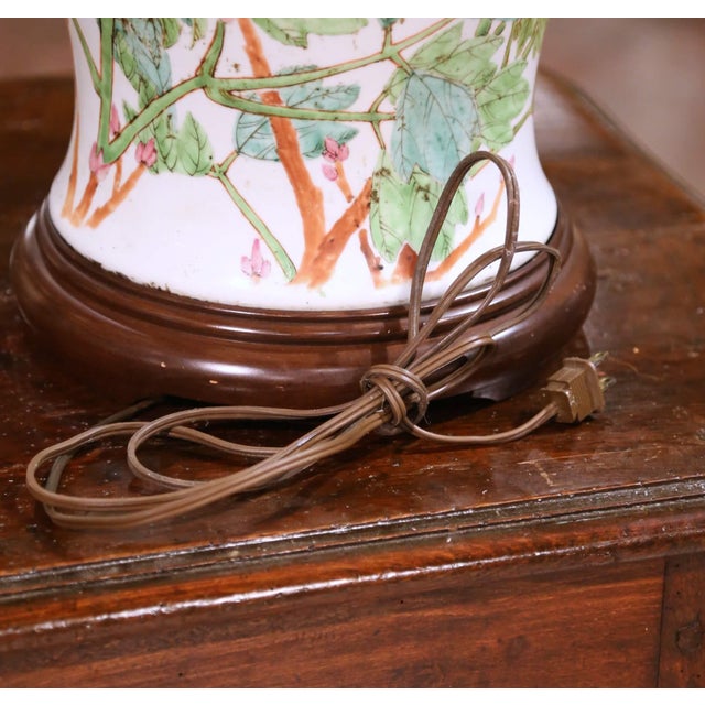Pair of Mid 20th Century Chinese Famille Rose Porcelain Lamps With Birds, Flowers and Calligraphy For Sale - Image 11 of 14