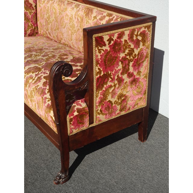 Red Antique French Country Biedemeier Settee Sofa W Burgunday Floral Velvet For Sale - Image 8 of 14
