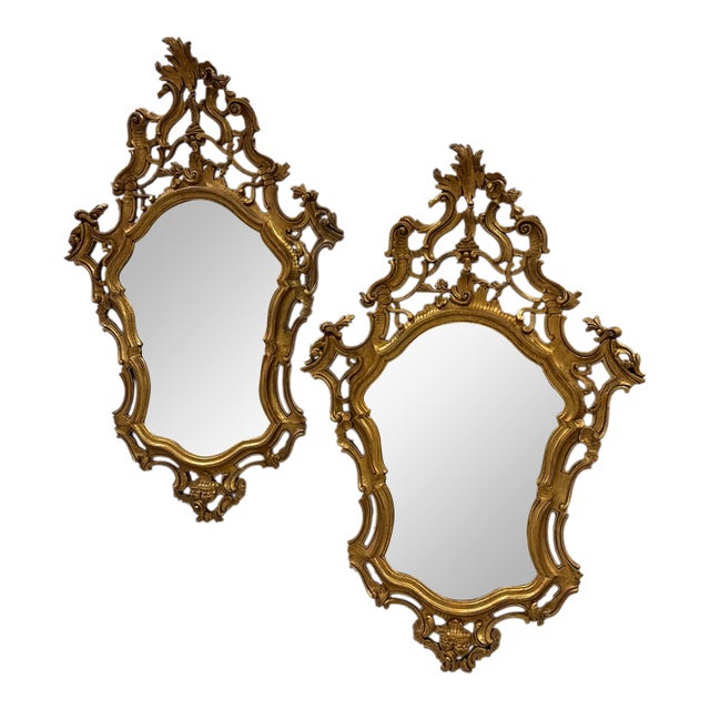 Pair Vintage Italian Mid Century Florentine Gold Gilt Wall Mirrors For Sale