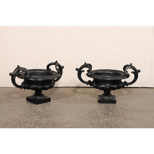 An elegant pair of French black cast iron urn planters from the turn of the 19th and 20th century. These antique planters...