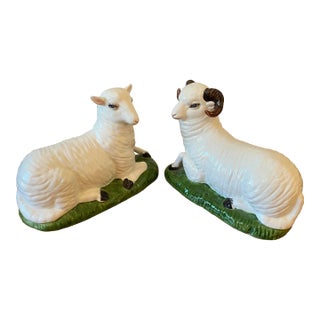 Vintage Italian Chelsea House Porcelain Staffordshire Style Mantel Lamb/Sheep and Ram - Set of 2 For Sale