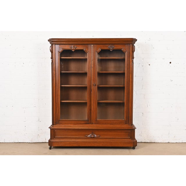 Herter Brothers Style Antique Victorian Carved Walnut Glass Front Bookcase, Circa 1880s For Sale - Image 10 of 10