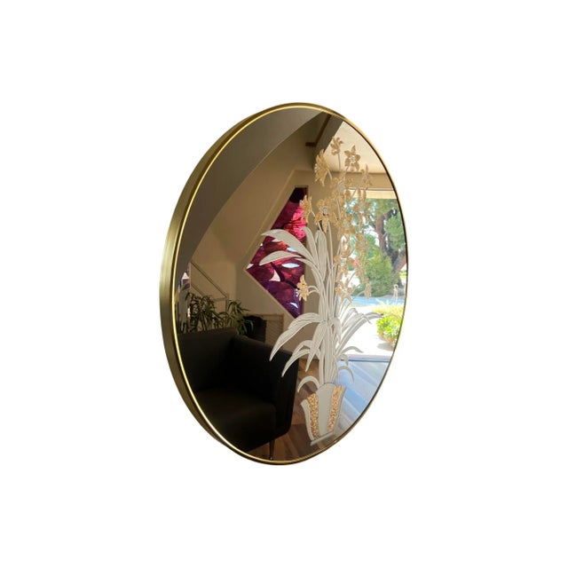 Postmodern Vintage Postmodern 1980s Richard Sandoval Windsor Circle Wall Mirror Brass Flowers Vase For Sale - Image 3 of 12