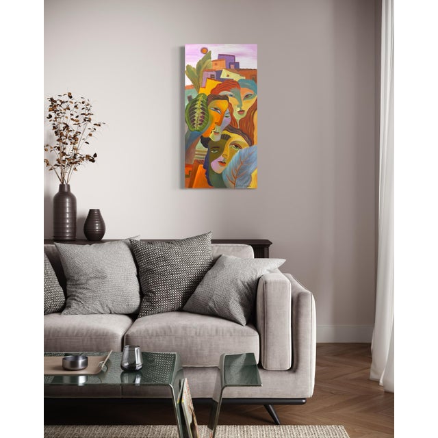 Textile Marc Zimmerman "Falling Leaves" Oil Painting, Three Figures in Tropical Village, Vertical Format, Warm Palette, Contemporary Art West Coast For Sale - Image 7 of 9