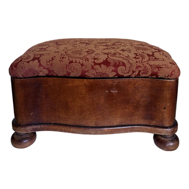 Antique Upholstered Wood Serpentine Storage Footstool on Bun Feet For Sale