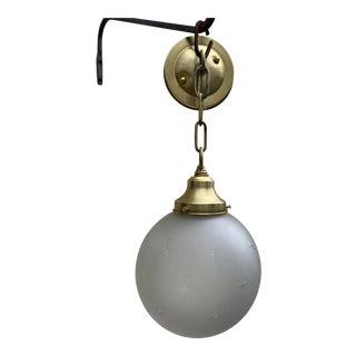 Vintage Frosted Starcut Shade With Hanging Brass Fixture For Sale