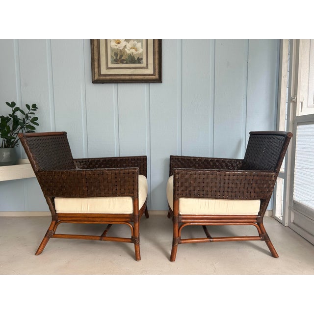 Wood Pair of Palecek Rawhide Weave Lounge Chairs With Rattan Frame-Vintage Patio Chairs For Sale - Image 7 of 12