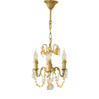 Small French Brass Chandelier in Amber Crystal, 1960s For Sale