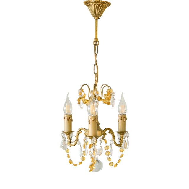 Small French Brass Chandelier in Amber Crystal, 1960s For Sale