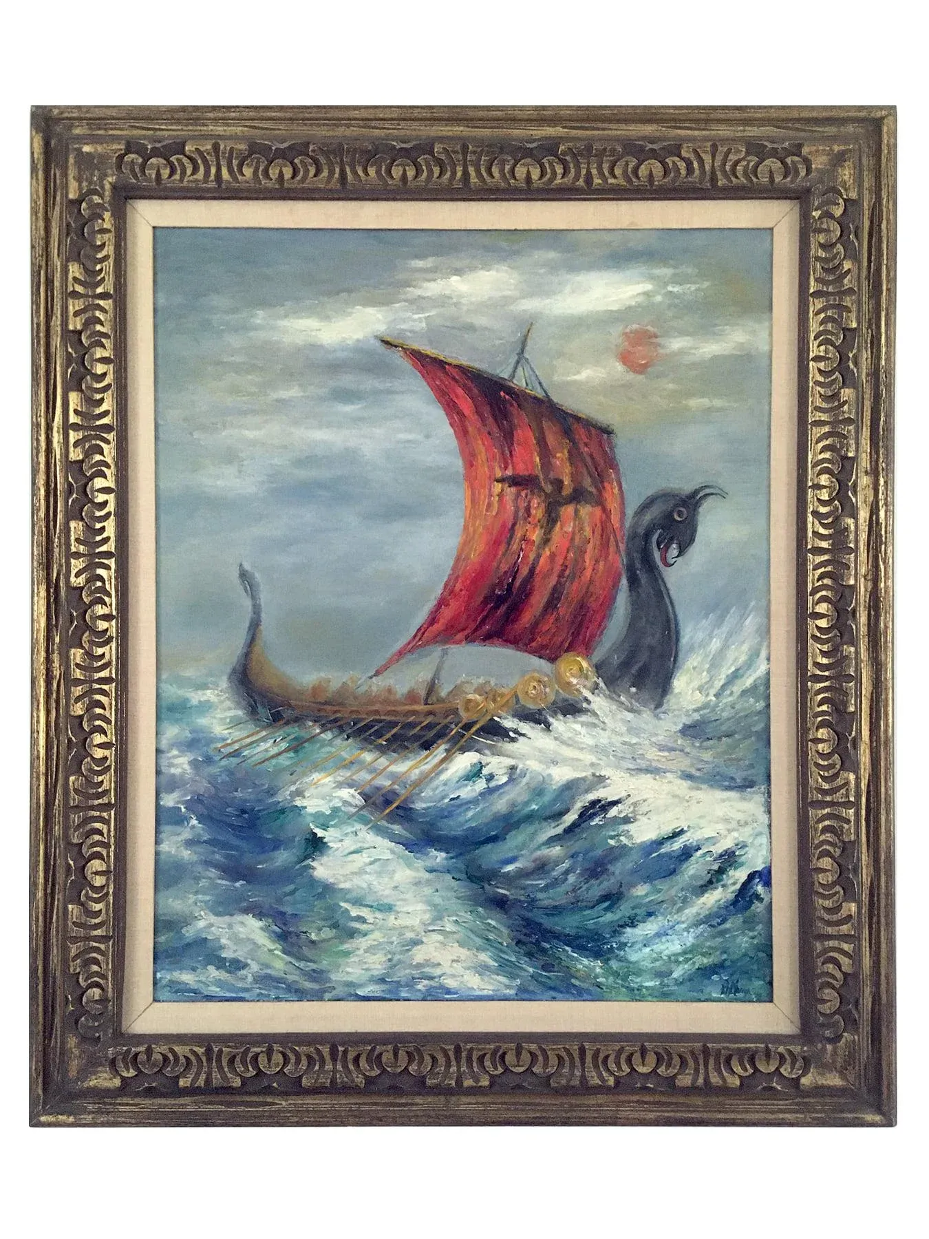 Vintage Oil Painting of Viking Ship | Chairish