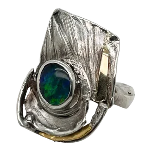 Glenda Arentzen Gold, Sterling Silver & Opal Modernist Ring, Ex-Aaron Faber Size 5