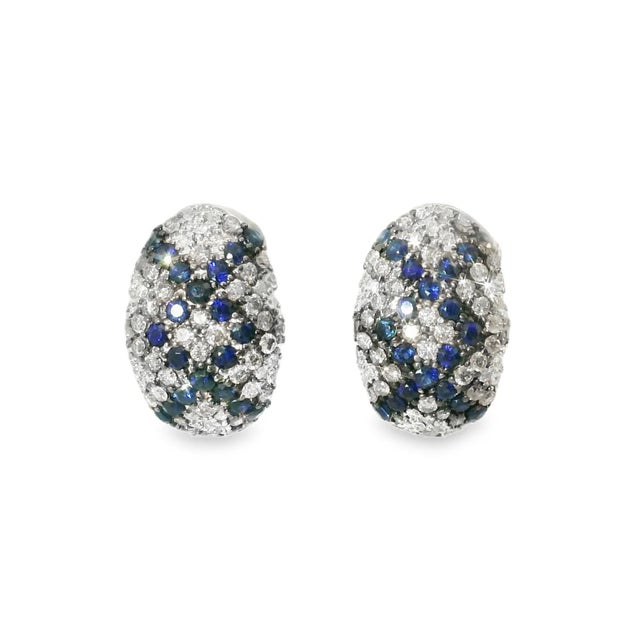 Late 20th Century 14K White Gold Champagne Diamond Sapphire Mosaic Huggie Earrings Estate, Pair For Sale - Image 4 of 4