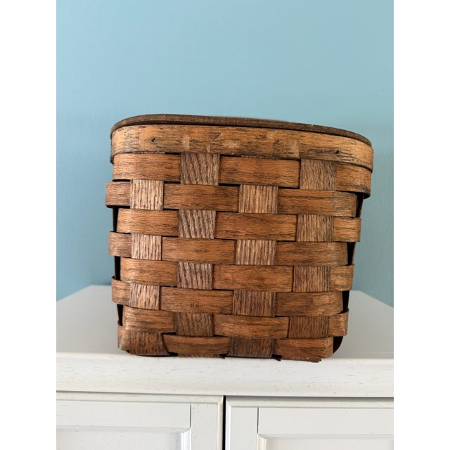 Vintage Large Woven Splint Wood Picnic Basket Double Swing Handle For Sale - Image 4 of 13