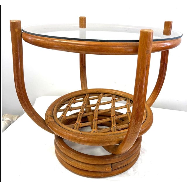 1970s Bent Rattan Round Side Table With Glass Top and Lattice Shelf For Sale - Image 4 of 5
