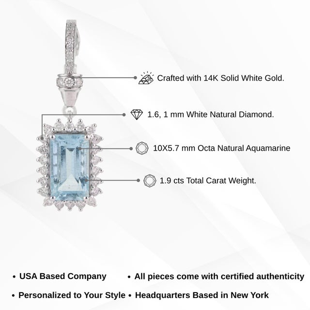 1.9ct Ice Blue Aquamarine & Diamond Halo Pendant With Locking Bail in 14k Gold For Sale - Image 12 of 15
