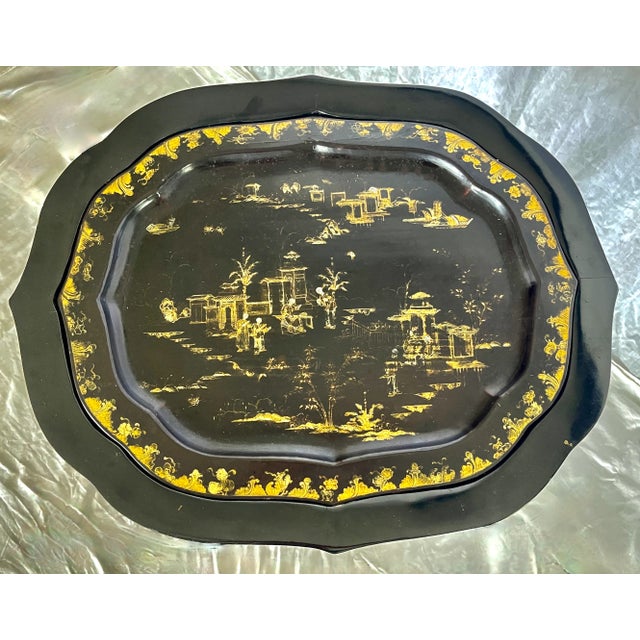 Just in, this beautiful French Antique Papier Mache Large Serving Tray on Stand, C1880, with gold Chinoiserie decor to the...