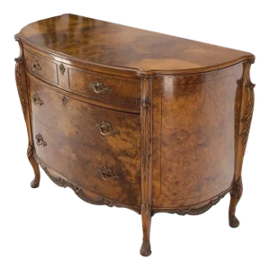Bow Front Burl Wood 3 Drawer Carved Bombay Chest of Drawers Dresser Commode