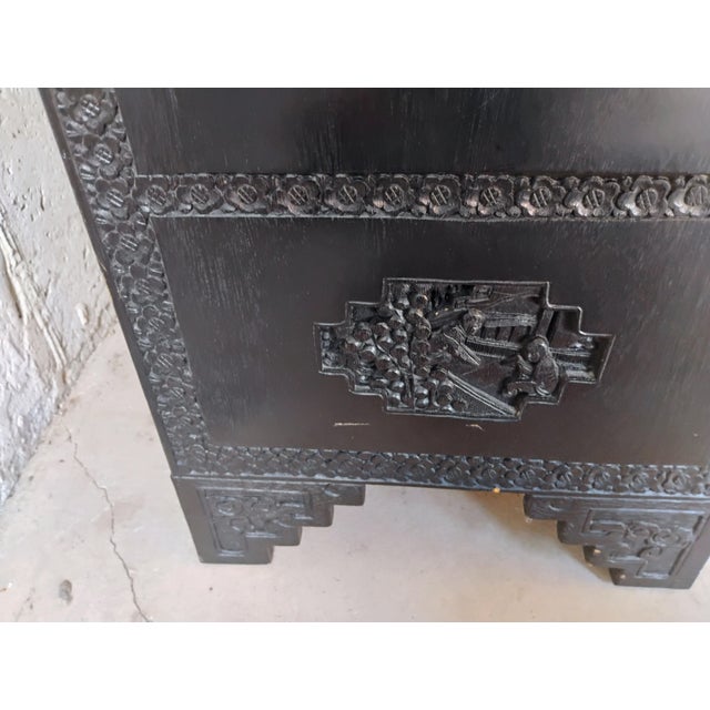 Mid 20th Century Black Lacquer Chinese Carved Cabinet Brass Hardware Intricate Asian Design For Sale - Image 5 of 12
