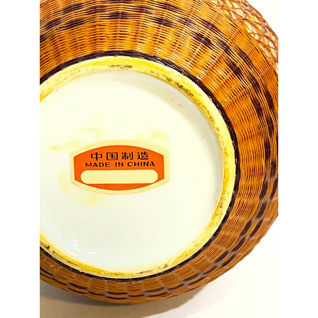 Wood Vintage Chinese Porcelain and Woven Wicker Vase For Sale - Image 7 of 13