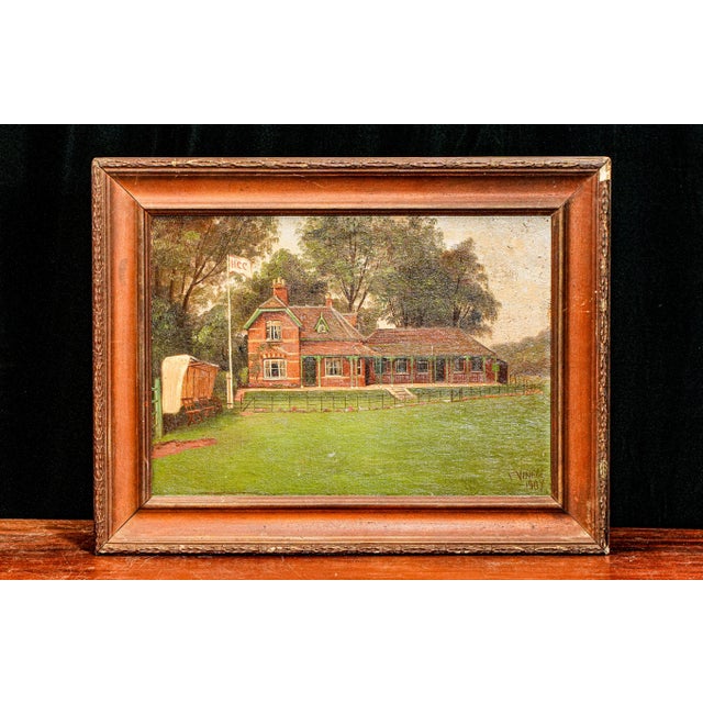 This oil painting is a beautifully detailed portrayal of a Victorian Cricket Club Pavilion, encapsulating the essence of...