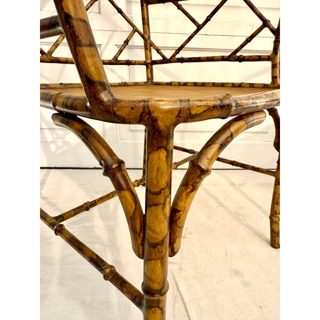 Pair of Mid-20th Century Faux Bamboo Metal Indoor/Outdoor Armchairs With Burnt Bamboo Tortoiseshell Finish For Sale - Image 9 of 16