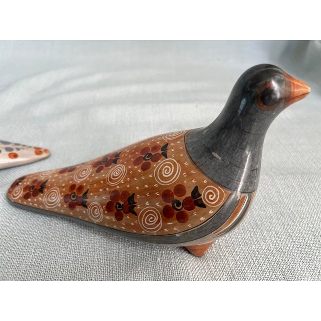 Rustic Pair of Vintage Mexican Folk Art Hand Painted Clay Bird Pidgeons For Sale - Image 3 of 12