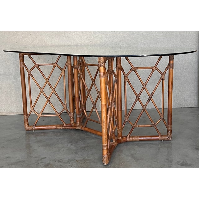 Wood Chinese Chippendale Style Bamboo Dining Table With Oval Glass Top For Sale - Image 7 of 11