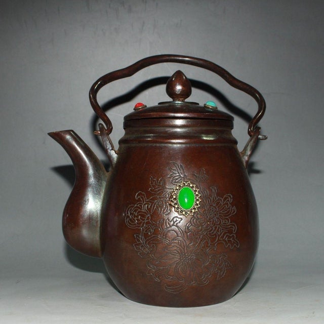 Vintage Copper Wine Pot | Chased Floral Motif & Faux Gemstone | Chinese Tea Kettle For Sale - Image 9 of 9