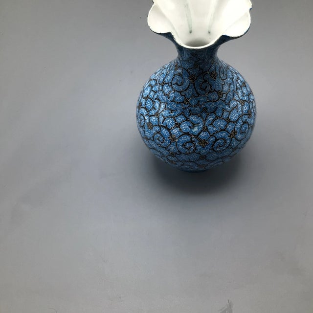 Vintage Ottoman Style Persian Enamel Floral Mouth Vase Blue Gold and White Enamel Over Metal Body With Artist Mark For Sale - Image 11 of 13