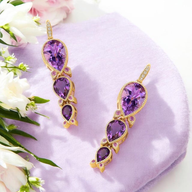 Nina Zhou Jewelry Nina Zhou Lily of the Valley Purple Amethyst, Pink Sapphire & Diamond Drop Earrings in 14k Gold- Set of 2 For Sale - Image 4 of 4