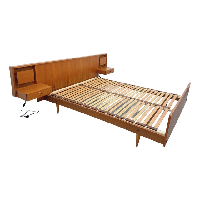 Vintage Scandinavian Style Double Bed in Teak with Integrated Illuminated Bedside Tables and Slatted Base, 1960s For Sale