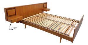 Vintage Scandinavian Style Double Bed in Teak with Integrated Illuminated Bedside Tables and Slatted Base, 1960s