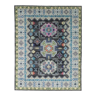 8x10 Maya Kazak Charcoal Traditional Geometric Hand Knotted Wool Carpet Rug For Sale