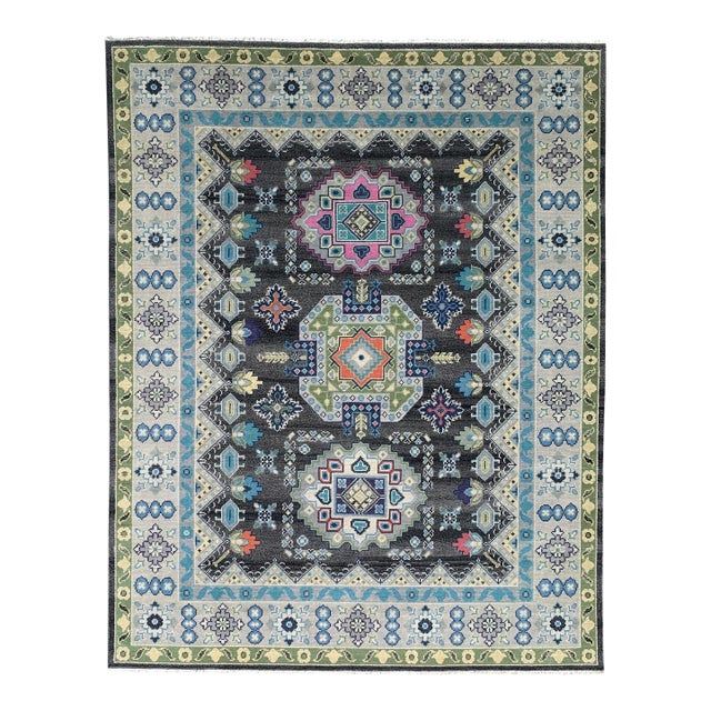 8x10 Maya Kazak Charcoal Traditional Geometric Hand Knotted Wool Carpet Rug For Sale
