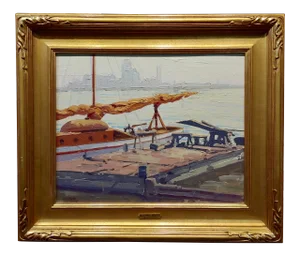 Samuel Hyde Harris -Sail Boat Resting at the Marina -Oil Painting