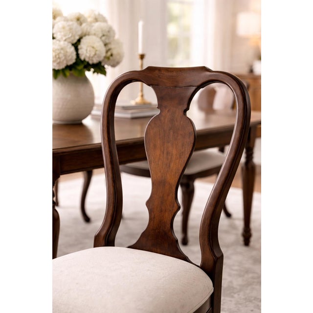 Set of Six Queen Anne Style Dining Chairs in Old Chapel Satin Walnut With Designer Ivory Linen Upholstery For Sale - Image 9 of 9
