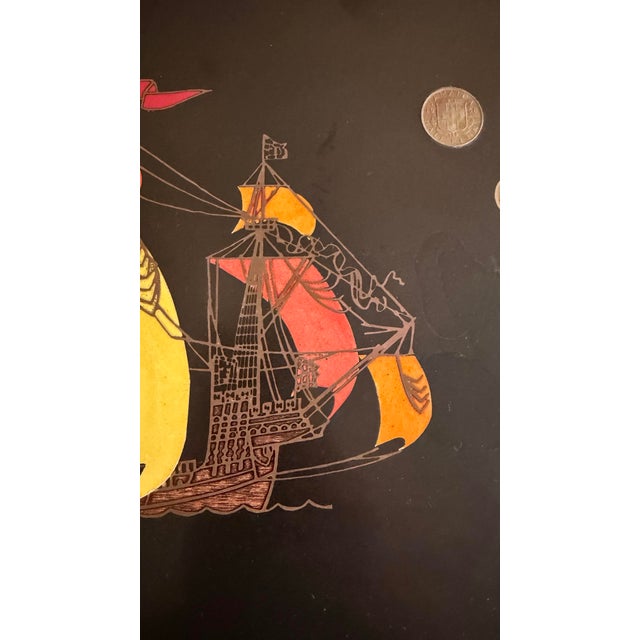 The Couroc Company Vintage Mid-Century Modern Couroc of Monterey Sailing Ship W/Inlaid Coins Bar Serving Tray For Sale - Image 4 of 9