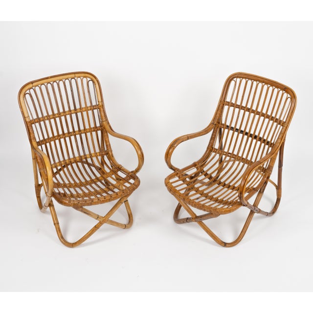 Mid-Century Modern Mid-Century Bamboo and Rattan Armchairs in the style of Tito Agnoli, Italy 1960s For Sale - Image 3 of 16