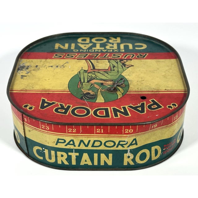 Early 20th Century Vintage Pandora Expanding Curtain Rod Tin: Art Deco Advertising Container For Sale - Image 5 of 10