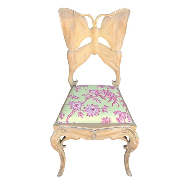 Rare Antique Art Nouveau Carved Butterfly Back Chair - 1 of 2 Available. Freshly upholstered in Scalamandre pink & green...