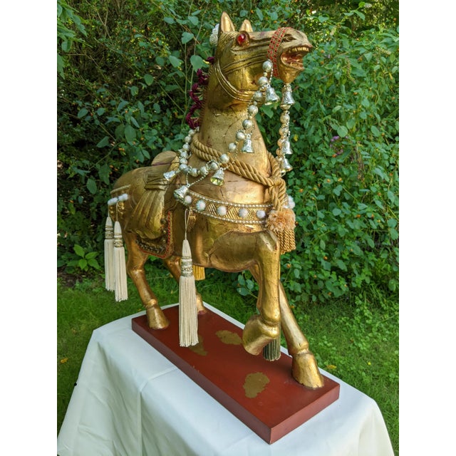 Wood Mid 20th Century XL Chinese Hand-Carved Gilt Wood Stylized Tang Horse Sculpture Statue Figure For Sale - Image 7 of 12
