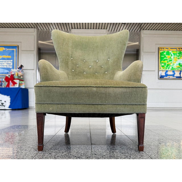 Mid-Century Modern Danish Modern Mohair Wingback Armchair in the Style of Frits Henningsen For Sale - Image 3 of 15