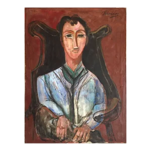 Nahum Tschacbasov, Seated Man Portrait, Large Modernist Oil Painting WPA Artist