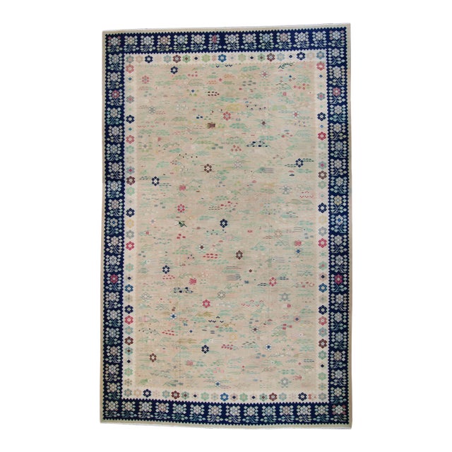 1950s Vintage Bessarabia Romanian Mansion Size Beige Plants Trees Hand-Woven Kilim Rug - 11’1” X 19’ For Sale