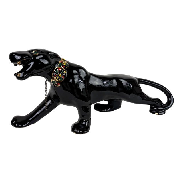 Vintage Mid-Century Modern Sleek Black Panther Ceramic Figurine For Sale