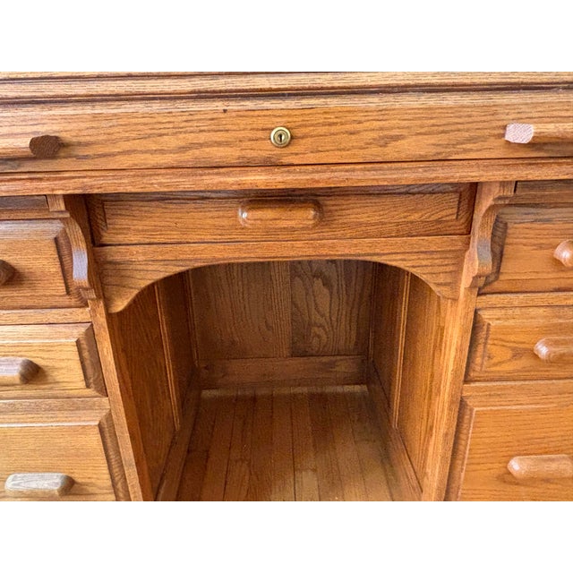 Mid 20th Century Arts & Crafts Raised Panel Oak S Roll Top Desk on Casters For Sale - Image 10 of 12