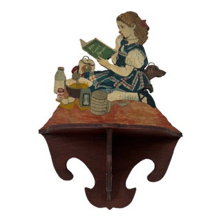 Vintage Hand Painted Folk Art Wooden Kitchen Shelf Featuring Girl Baking With Dog For Sale