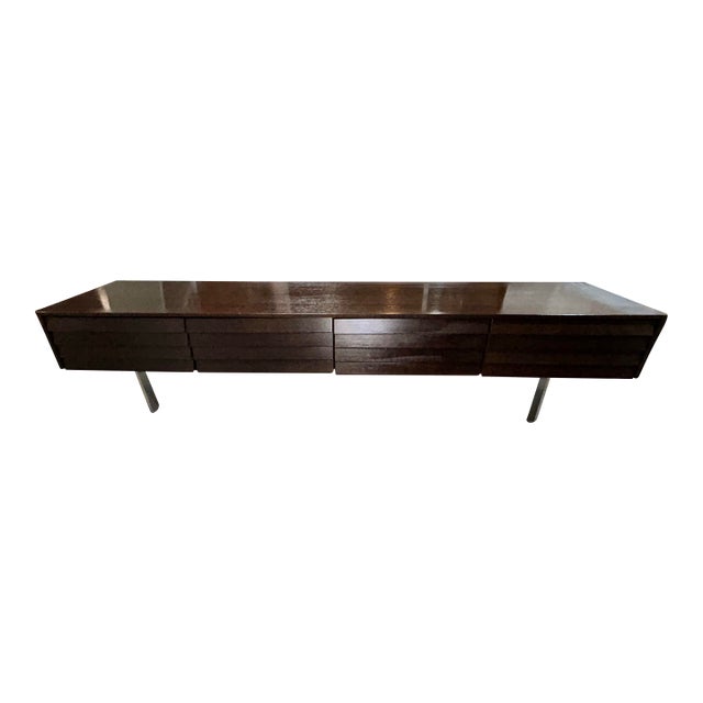 Dark Wood Credenza With Louvered Front Drawers For Sale