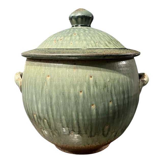 Brad Tucker Cedar Creek Pottery-Nc-Lidded Jar-Celadon Green Drip Glaze-Stoneware For Sale