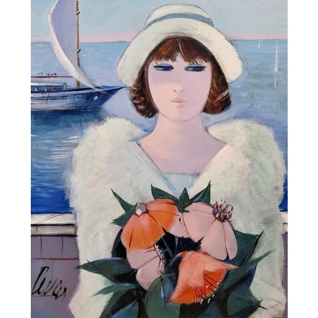 White Charles Levier -Woman in White W/Flowers at the Marina - Oil Painting For Sale - Image 8 of 10